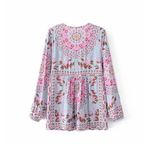 Boho gypsy lace up floral print blue top - Picture 5 of 5